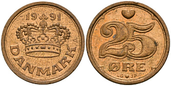 Дания 25 эре 1991 Маргрете II (1972- ) KM 868 бронза 4136-356