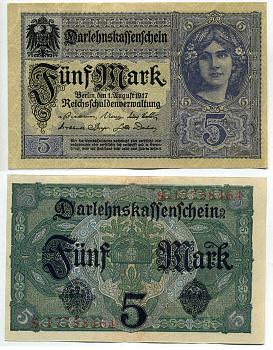 Германия 5 марок 1917 8 значный номер, серия S Pick 56 b бумага UNC (пресс) 8613-52-3-1