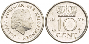 Нидерланды 10 центов 1978 Юлиана (1948-1980) КМ 182 никель 4547-851