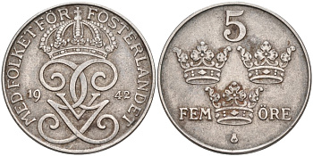 Швеция 5 эре 1942 Густав V (1907-1950) KM 812 железо 4557-711