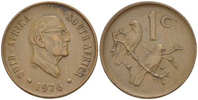 ЮАР 1 ЦЕНТ 1976 ПРЕЗИДЕНТ ЯКОБУС ЙОХАННЕС ФУШЕ, КАПСКИЕ ВОРОБЬИ KM 91 бронза 4549-151