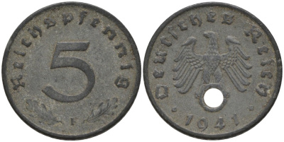 Германия 5 рейхспфеннигов 1941 F, монетный двор Штутгарт KM 100, J. 370 цинк 186-742