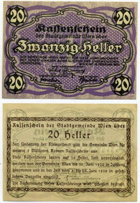 Австрия, Вена 20 геллеров 1920 30 июня 1920, нотгельд Mehl FS 1183IIc  бумага UNC (пресс) 8614-30-3-1