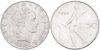 ИТАЛИЯ 50 ЛИР 1963 R, КУЗНЕЦ, ВУЛКАН БОГ ОГНЯ, ДИАМЕТР 25 ММ. KM 95.1 нержавеющая сталь 4448-1017