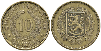 Финляндия 10 марок 1932 S KM 63 алюминиевая бронза 32-733