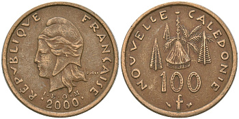 Французская Новая Каледония 100 франков 2000 хижина среди сосен и пальм, (IEOM) KM 15, Schoen 16, Lec 139d никель латунь 4144-633