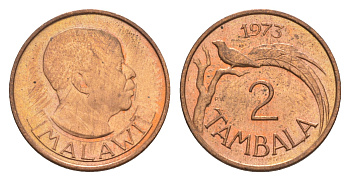 Малави 2 тамбала 1973 райская вдовушка (птица) KM 8.1 бронза  aUNC  4640-859