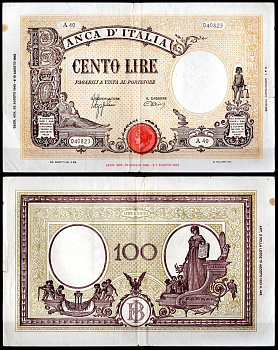 Италия 100 лир 1943 Pick 67 a бумага 451-1144-1