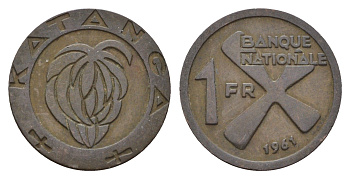 Катанга 1 франк 1961 Заир, балубский крест, связка бананов KM 1 бронза 4679-546