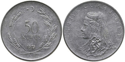 Турция 50 курушей 1973 Анатолийская невеста KM 899 нержавеющая сталь 4541-845
