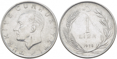 Турция 1 лира 1978 Мустафа Кемаль Ататюрк KM 889а.2 нержавеющая сталь 4529-1227