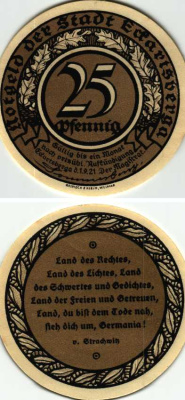 ЭККАРТСБЕРГА 25 ПФЕННИГОВ 1921 НОТГЕЛЬД, 1 СЕНТЯБРЯ 1921, ЗЕМЛЯ САКСОНИЯ-АНХАЛЬТ Grabowski 305.4 бумага 6318-44-3-1