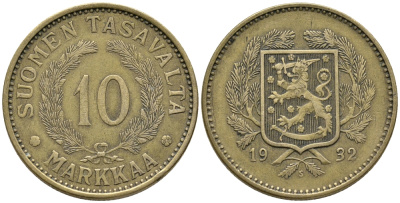 Финляндия 10 марок 1932 S KM 63 алюминиевая бронза 32-733