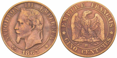 ФРАНЦИЯ 5 САНТИМОВ 1863 BB, НАПОЛЕОН III (1852-1870) KM 797.2, LE FRANC 117.9 бронза 108-543