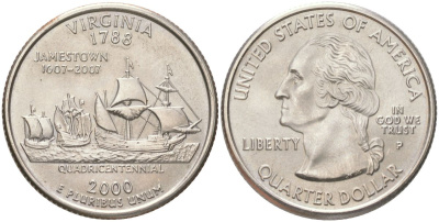 США 25 центов = квотер = 1/4 доллара 2000 Р, серия штаты США, Вирджиния KM 309 медь плакированная медно-никелем UNC 4159-547