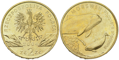 Польша 2 злотых 2004 MW, серия сохраним природу, морская свинья KM 464 нордик  UNC  4531-1235