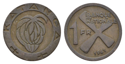 Катанга 1 франк 1961 Заир, балубский крест, связка бананов KM 1 бронза 4679-546