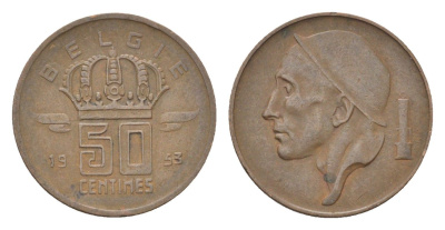 Бельгия 50 сантимов 1953 Belgie, Бодуэн I (1951-1993) KM 149 бронза 4705-252