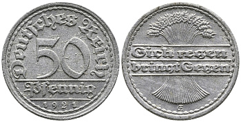 ГЕРМАНИЯ 50 ПФЕННИГОВ 1921 GF KM 27, J. 301 алюминий 24-1013