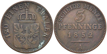 ПРУССИЯ 3 ПФЕННИГА 1852 А, ФРИДРИХ ВИЛЬГЕЛЬМ (1840-1861) KM 453 медь 117-157