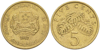 СИНГАПУР 5 ЦЕНТОВ 1987 KM 50 алюминиевая бронза 105-756