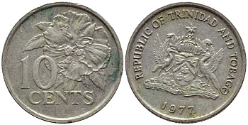 Тринидад и Тобаго 10 центов 1977 цветок гибискуса KM 31 медно-никель 4396-857
