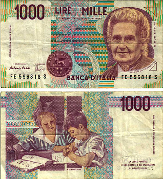 Италия 1000 лир 1990 Мария Монтессори Pick 114c 8611-14-3