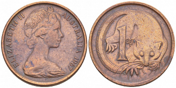 Австралия 1 цент 1967 Елизавета II (1953-), молодой портрет, опоссум КМ 62 бронза 3955-449