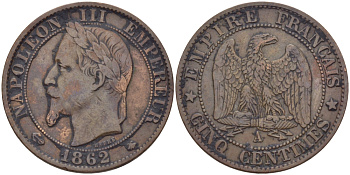 ФРАНЦИЯ 5 САНТИМОВ 1862 А, НАПОЛЕОН III (1852-1870) KM 797.1, LE FRANC 117.5 бронза 28-647