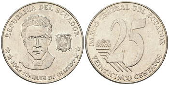 Эквадор 25 сентаво 2000 KM 107 сталь плакированная никелем 4448-812
