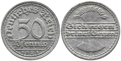 ГЕРМАНИЯ 50 ПФЕННИГОВ 1921 GF KM 27, J. 301 алюминий 24-1013