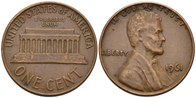 США 1 цент 1961 Авраам Линкольн KM 201 медь цинк 4567-843