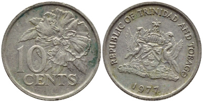 Тринидад и Тобаго 10 центов 1977 цветок гибискуса KM 31 медно-никель 4396-857
