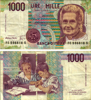 Италия 1000 лир 1990 Мария Монтессори Pick 114c 8611-14-3