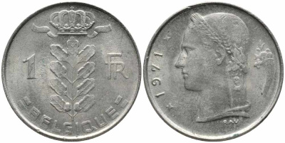БЕЛЬГИЯ 1 ФРАНК 1971 BELGIQUE KM 142.1 медно-никель 113-112