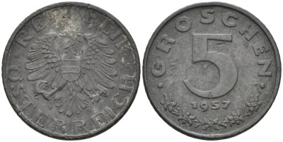 Австрия 5 грошей 1957 KM 2875 цинк 4580-221