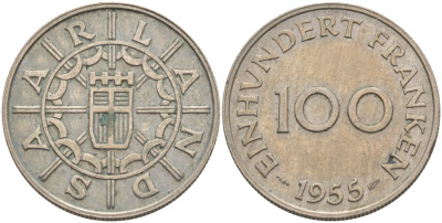 Саарланд 100 франков 1955 индустрия KM 4 медно-никель 68-544