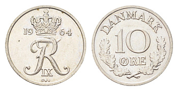 Дания 10 эре 1964 KM 849 медно-никель UNC 4705-737