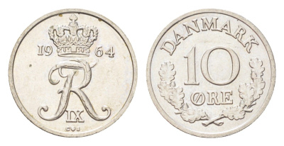 Дания 10 эре 1964 KM 849 медно-никель UNC 4705-737