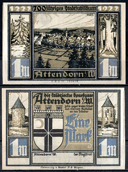 Аттендорн (Пруссия, Вестфалия) 1 марка 1922 Mehl Grabowski 51.1d-1/5 бумага UNC (пресс) 7556-34-4-1