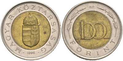 Венгрия 100 форинтов 1996 ВР KM 721 биметалл 4556-1134