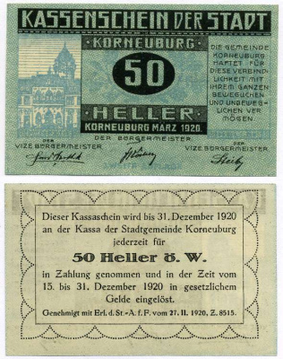 Австрия, Корнойбург 50 геллеров 1920 март 1920, нотгельд, 15-31 декабря 1920, земля Нижняя Австрия   бумага  UNC (пресс) 8614-29-1-2