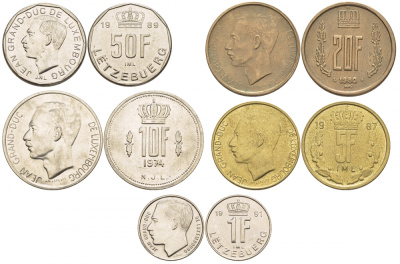 ЛЮКСЕМБУРГ НАБОР ИЗ 5 МОНЕТ 1974-1991 KM 63, 60.2, 57, 58, 66 UNC 3-4-2-20