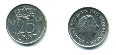 Нидерланды 25 центов 1972 Юлиана (1948-1980) KM 183 никель 76-521
