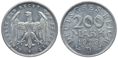 Германия 200 марок 1923 D KM 35, J. 304, Weege 22 алюминий 4119-527