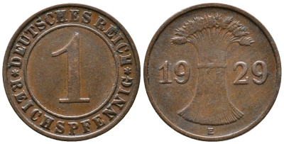 ГЕРМАНИЯ 1 РЕЙХСПФЕННИГ 1929 E KM 37, J. 313 бронза 39-1017