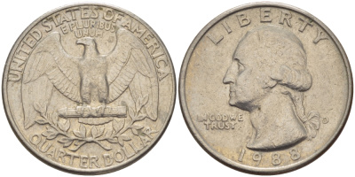 США 25 ЦЕНТОВ = КВОТЕР 1988 D, ВАШИНГТОН KM А164а медь плакированная медно-никелем 31-752