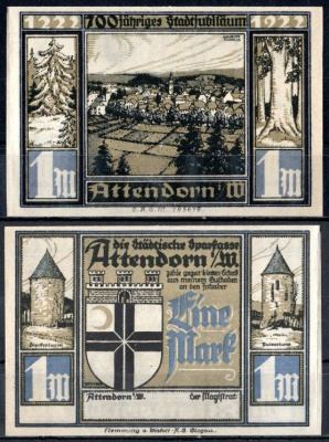 Аттендорн (Пруссия, Вестфалия) 1 марка 1922 Mehl Grabowski 51.1d-1/5 бумага UNC (пресс) 7556-34-4-1