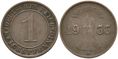 Германия 1 рейхспфенниг 1933 A KM 37, J. 313 бронза 4189-1217