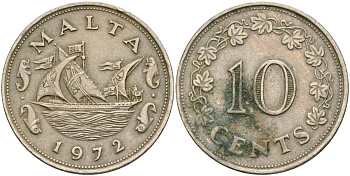 Мальта 10 центов 1972 баржа Великого магистра KM 11 медно-никель 4137-925